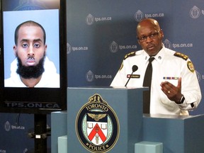 Chief Mark Saunders speaks at a news conference in Toronto on Tuesday, March 15, 2016 about the attack on two Canadian soliders at a recruitment centre in the city's north end on Monday. THE CANADIAN PRESS/Colin Perkel
