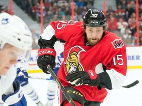 Ottawa Senators center Zack Smith (15) chases Toronto Maple Leafs defenseman Morgan Rielly (44) in the second period at the Canadian Tire Centre. Marc DesRosiers-USA TODAY Sports