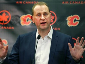 Calgary Flames GM Brad Treliving speaks to the media in Calgary on Saturday, February 27, 2016. (AL CHAREST/Postmedia Network)
