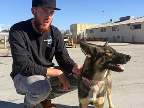 In this photo provided by the Navy, Conner Lamb squats next to Nick Haworth's 1.5-year-old German shepherd Luna, who fell overboard from his boat in the ocean off the Southern California coast in February, arrives at Naval Base Coronado in San Diego, Wednesday, March 16, 2016 Luna was found Tuesday on San Clemente Island, a Navy-owned training base. Haworth was working on a boat two miles from the island when Luna disappeared Feb. 10. (U.S. Navy via AP)