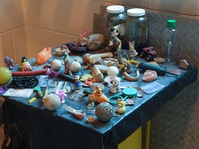 Staff at the Robert O. Pickard Environmental Centre have a table of odd items they have pulled out of the wastewater stream. The biggest problem, however, is pump-clogging throwaway wipes. Source: City of Ottawa