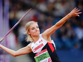 Canada's Brianne Theisen-Eaton throws the javelin during the heptathlon at Hampden Park Stadium during the Commonwealth Games in Glasgow, Scotland on July 30, 2014. (THE CANADIAN PRESS/AP/Frank Augstein)