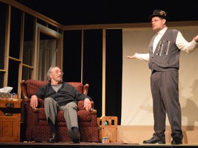 Jim Garrard, left, and Clayton Garrett are among the cast members in The Hatmaker’s Wife, a King’s Town Players production. (Supplied photo)