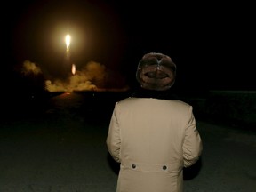 North Korean leader Kim Jong Un watches the ballistic rocket launch drill of the Strategic Force of the Korean People's Army (KPA) at an unknown location, in this undated photo released by North Korea's Korean Central News Agency (KCNA) in Pyongyang on March 11, 2016. North Korea fired a ballistic missile on March 18, 2016 that flew about 800 km (500 miles) off its east coast into the sea, South Korea's military said, days after fresh U.S. sanctions were imposed on the isolated state. (REUTERS/KCNA/Files)