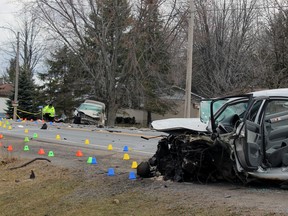 OPP Technical Traffic Collision Investigators on the scene of a two-vehicle, head-on collision near Inverary, Ont. on Friday March 18, 2016. The collision took place early Friday morning and sent three to hospital with serious injuries.  Steph Crosier/Kingston Whig-Standard/Postmedia Network