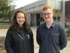 Liberty Clements, left, and Keaton Jennings stand outside St. Clair Secondary School on Friday March 18, 2016 in Sarnia, Ont. They are both students at St. Clair, and serve as its student representatives on an accommodation review committee looking at Sarnia's southend public high schools. Administrators have proposed consolidating St. Clair and SCITS at the St. Clair site. (Paul Morden/Sarnia Observer/Postmedia Network)