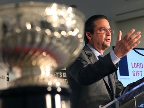 Steve Mayer, NHL Executive Vice President, talks to the media during a press conference in Ottawa Friday March 18, 2016. The LSMMI announced Friday the launch of the national design competition to celebrate the 125th anniversary of the Stanley Cup.