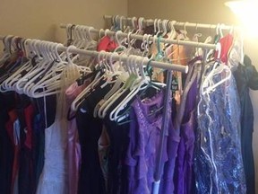 Some of the high school graduation dresses Taylor-Deanne Williams’ has collected for the graduating class of 2016 - Photo submitted.