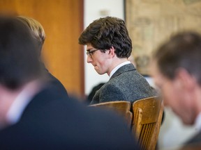 Convicted St. Paul’s School graduate Owen Labrie appears in Merrimack County Superior Court in Concord, N.H., on Friday, March 18, 3016. Labrie’s bail was revoked. A judge in Merrimack County Superior Court said Labrie would begin his one-year jail sentence immediately. "You are unlikely to abide by any conditions," Judge Larry Smukler said. "I don't relax conditions because you can't comply with them."(Elizabeth Frantz/Concord Monitor via AP, Pool)