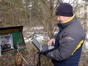 Luke Hendry/Intelligencer file photo
Quinte Conservation hydrogeologist Mark Boone retrieves data from a groundwater monitoring well at the H.R. Frink Outdoor Education Centre north of Belleville in February 2013. The lighter snowfall of the 2015-2016 winter has sparked talk of a dry summer ahead, and while Boone said that may be possible, local groundwater levels are about normal due to winter rainfall.