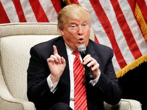 In this March 14, 2016, photo, Republican presidential candidate Donald Trump speaks at a rally at Lenoir-Rhyne University in Hickory, N.C. Republican leaders are wavering between grudging acceptance and deep denial about Trump's likely ascent to the GOP presidential nomination. (AP Photo/Chuck Burton)