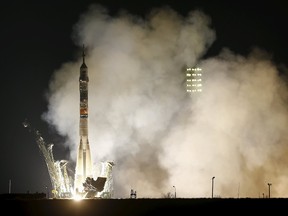 The Soyuz TMA-20M spacecraft carrying the crew of Jeff Williams of the U.S., Alexey Ovchinin and Oleg Skripochka of Russia blasts off to the International Space Station (ISS) from the launchpad at the Baikonur cosmodrome, Kazakhstan, March 19, 2016.  (REUTERS/Shamil Zhumatov)