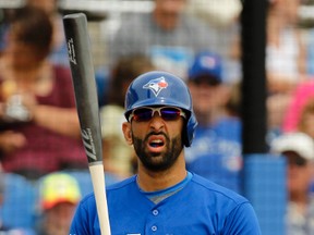Toronto Blue Jays right fielder Jose Bautista reacts to a called strike during the fourth inning at Florida Auto Exchange Park in Dunedin, Fla., on March 18, 2016. (Butch Dill/USA TODAY Sports)