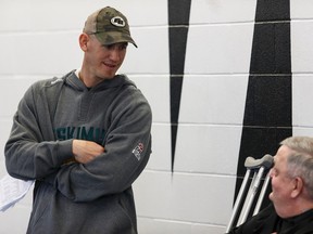 Eskimos head coach Jason Maas (left) is seen during the CFL Regional Combine held at Commonwealth Recreation Centre in Edmonton on March 7, 2016. (Ian Kucerak/Postmedia Network)