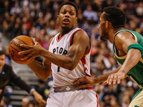Guard Kyle Lowry (left) led the Raptors with 32 points against the Celtics in Toronto's 105-91 victory at the Air Canada Centre on Friday, March 18, 2016. (Dave Thomas/Toronto Sun)