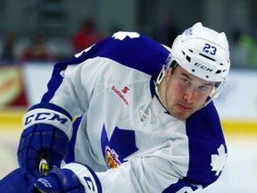 Frederik Gauthier of the Toronto Marlies shoots during warm-up before taking on the Wilkes-Barre/Scranton Penguins in AHL action at the Ricoh Coliseum in Toronto on Feb. 19, 2016. (Dave Abel/Toronto Sun/Postmedia Network)