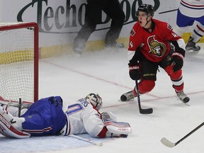 Senators centre Jean-Gabriel Pageau celebrates a goal against the Montreal Canadiens on March 19. (Tony Caldwell, Ottawa Sun)