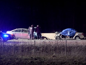 The aftermath of a wrong-way collision on the QEW near Fruitland and Fifty Rds. that killed one person Sunday, March 20, 2016. (Andrew Collins photo)