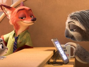 This image released by Disney shows Judy Hopps, voiced by Ginnifer Goodwin, left, Nick Wilde, voiced by Jason Bateman,  second left, in a scene from the animated film, "Zootopia." (Disney via AP)
