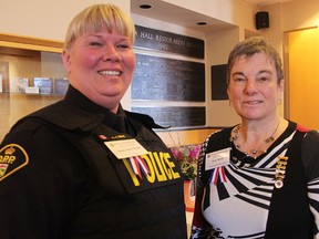 Lambton OPP Const. Amy O'Keefe is pictured with Sarnia-Lambton IODE president Helen Danby. O'Keefe was the recipient of the club's Community Relations Award this year. Tyler Kula/Sarnia Observer/Postmedia Network