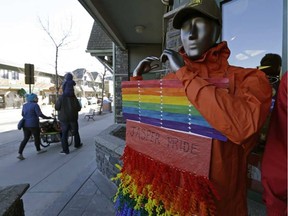 A mannequin displaying the colors of the Pride flag outside Wild Mountain clothing during the Jasper Pride Festival on March 18 to 20, 2016.