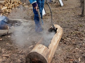 Melissa Gill, outdoor educator with the St. Clair Region Conservation Authority, demonstrates the First Nations method of boiling sap in a log by adding hot rocks Sunday. Hundreds turned out for the A. W. Campbell Conservation Area's annual maple syrup festival this weekend, organizers said. (Tyler Kula, The Observer)