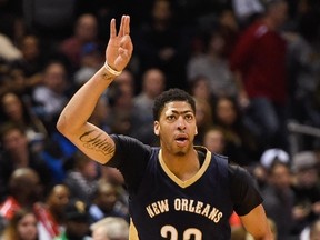 New Orleans Pelicans forward Anthony Davis reacts after scoring a three-point basket in the third quarter against the Milwaukee Bucks at BMO Harris Bradley Center in Milwaukee on March 12, 2016. (Benny Sieu/USA TODAY Sports)