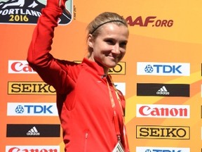 Brianne Theisen-Eaton (CAN) during press conference in advance of the 2016 IAAF World Championships in Athletics at Pioneer Courthouse Square in Portland, Ore., on March 17, 2016. (Kirby Lee/USA TODAY Sports)