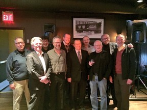 (left to right) Gord Marriott, Len, Billy Williams, Keith James Jr., Rob Christie, Bob Layton, Daryl Hooke, Al Anderson, (Me - representing my Father the late Jerry Forbes who was GM at the time) and current 630 CHED morning man Bruce Bowie.