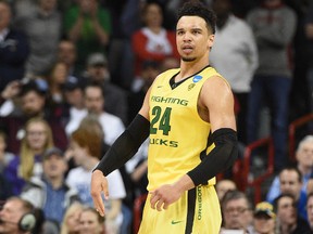 Oregon Ducks forward Dillon Brooks (24) reacts during the 69-64 victory against St. Joseph's Hawks during the second half in the second round of the 2016 NCAA Tournament at Spokane Veterans Memorial Arena. Mandatory Credit: Kyle Terada-USA TODAY Sports