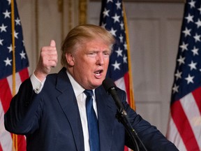 Republican presidential candidate Donald Trump speaks during the Palm Beach County GOP Lincoln Day Dinner at the Mar-A-Lago Club in Palm Beach, Fla., on March 20, 2016. (AP Photo/Wilfredo Lee)