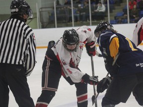The Goderich Midget AE Sailors are in the middle of the OMHA finals against the Dunnville Mudcats. As of March 20 each team boasts one win. They play again on March 23 in Dunnville. Braeden Duncan of the Sailors takes a face off on March 19 at the MRC where the Sailors lost 3-2. (Laura Broadley/Goderich Signal Star)