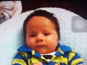 This three-month-old boy was in the backseat of a Toyota Camry stolen from a flea market parking lot on Hwy. 27 near Albion Sunday, March 20, 2016. He was found unharmed around four hours later. (Handout/Toronto Police)