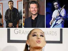 (Clockwise from top) Drake, Blake Shelton, Weezer and Ariana Grande all have new albums dropping in the next few months. (WENN.COM file photos)