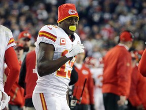 Kansas City Chiefs wide receiver Jeremy Maclin (19) stands on the sideline in the second half of an NFL divisional playoff football game against the New England Patriots, Saturday, Jan. 16, 2016, in Foxborough, Mass. (AP Photo/Steven Senne)