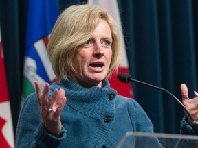 Premier Rachel Notley takes media questions following a meeting between herself and Finance Minister Joe Ceci with Calgary business and not-for profit community leaders Friday March 18, 2016, in advance of the 2016 budget at McDougall Centre. (Ted Rhodes/Postmedia)