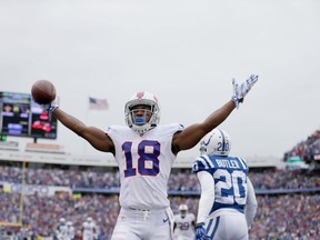 Percy Harvin of the Buffalo Bills celebrates his touchdown against the Indianapolis Colts during first-half action at Ralph Wilson Stadium in Orchard Park, N.Y., on Sept. 13, 2015. (Brett Carlsen/Getty Images/AFP)