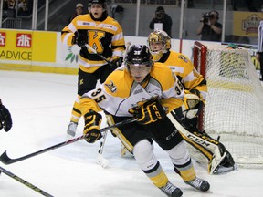 Sarnia String winger Nikita Korostelev steps up against the Kingston Frontenacs at the KRock Centre in Kingston, Ont, on Jan. 31, 2015. (Steph Crosier/Kingston Whig-Standard)