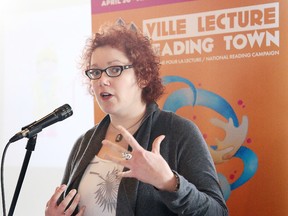 Sudbury's newly minted Poet Laureate Kim Fahner recites a poem in Sudbury, Ont. on Monday March 21, 2016. The new poet laureate was unveiled at the launch of Reading Town Sudbury Ville Lecture 2016 on Monday. Gino Donato/Sudbury Star/Postmedia Network