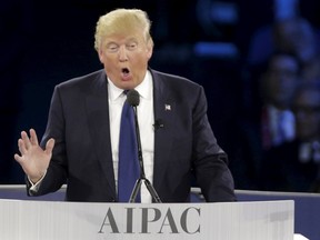 Republican U.S. presidential candidate Donald Trump addresses the American Israel Public Affairs Committee (AIPAC) afternoon general session in Washington on March 21, 2016. (REUTERS/Joshua Roberts)