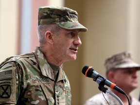 U.S. Army General John Nicholson, commander of U.S. and NATO forces in Afghanistan, has apologized for the American bombing of an Afghan hospital that killed 42 people last year. REUTERS/Rahmat Gul/Pool