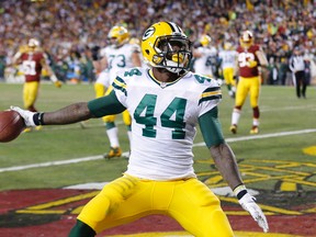 Green Bay Packers running back James Starks (44) celebrates after scoring a touchdown against the Washington Redskins during the second half in a NFC Wild Card playoff football game at FedEx Field. Geoff Burke-USA TODAY Sports
