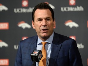 Denver Broncos head coach Gary Kubiak  speaks during the retirement announcement press conference for quarterback Peyton Manning (not pictured) at the UCHealth Training Center. Ron Chenoy-USA TODAY Sports