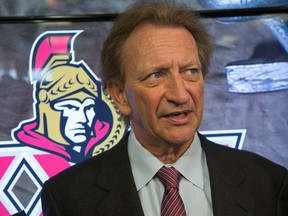 Sens owner Eugene Melnyk talks to reporters as the Ottawa Senators announce a program of looking for hockey artifacts to be donated or loaned to the club for the 2017 hockey season.  (Wayne Cuddington)