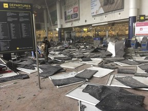 A soldier is seen at Zaventem airport after a blast occurred, in Belgium March 22, 2016.    REUTERS/Jef Versele/Handout via Reuters