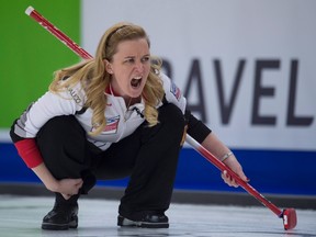 Canadian skip Chelsea Carey calls a shot against Germany at the women’s world curling championship in Swift Current, Sask. Tuesday, March 22, 2016. (THE CANADIAN PRESS/Jonathan Hayward)