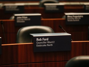 Councillor Rob Ford's seat sits empty in Toronto City Hall council chambers hours after the announcement of his death on Tuesday, March 22, 2016. (Stan Behal/Toronto Sun)