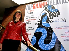 Susan Ferley, artistic director of The Grand Theatre, stands next to a banner promoting The Grand’s new 2016-2017 season March 21, 2016. CHRIS MONTANINI\LONDONER\POSTMEDIA NETWORK
