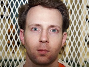 Convicted killer Adam Kelly Ward is photographed Feb. 10, 2016, in a visiting cage outside death row at the Texas Department of Criminal Justice Polunsky Unit near Livingston, Texas. (AP Photo/Michael Graczyk)