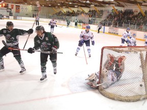 Elliot Lake Wildcat Cole Hepler score his first of two goals during the game on Monday against the Rayside-Balfour Canadians. The Wildcats won 4-3.